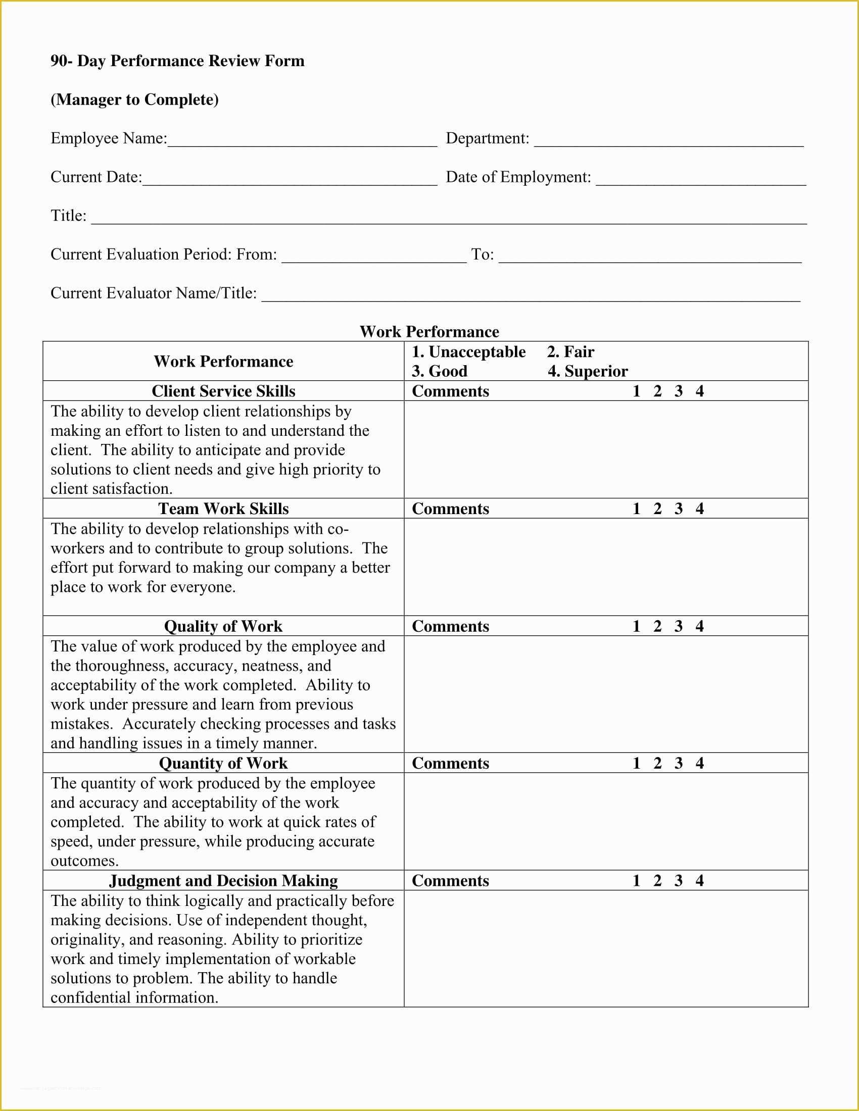 Employee Review form Template Free Of 14 90 Day Review forms Free Word Pdf format Download