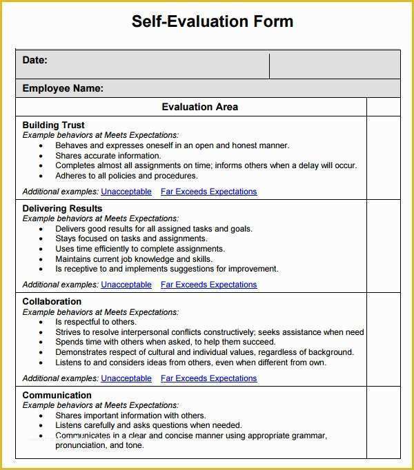 Employee Self Evaluation Template Free Of 16 Sample Employee Self Evaluation form Pdf Word Pages