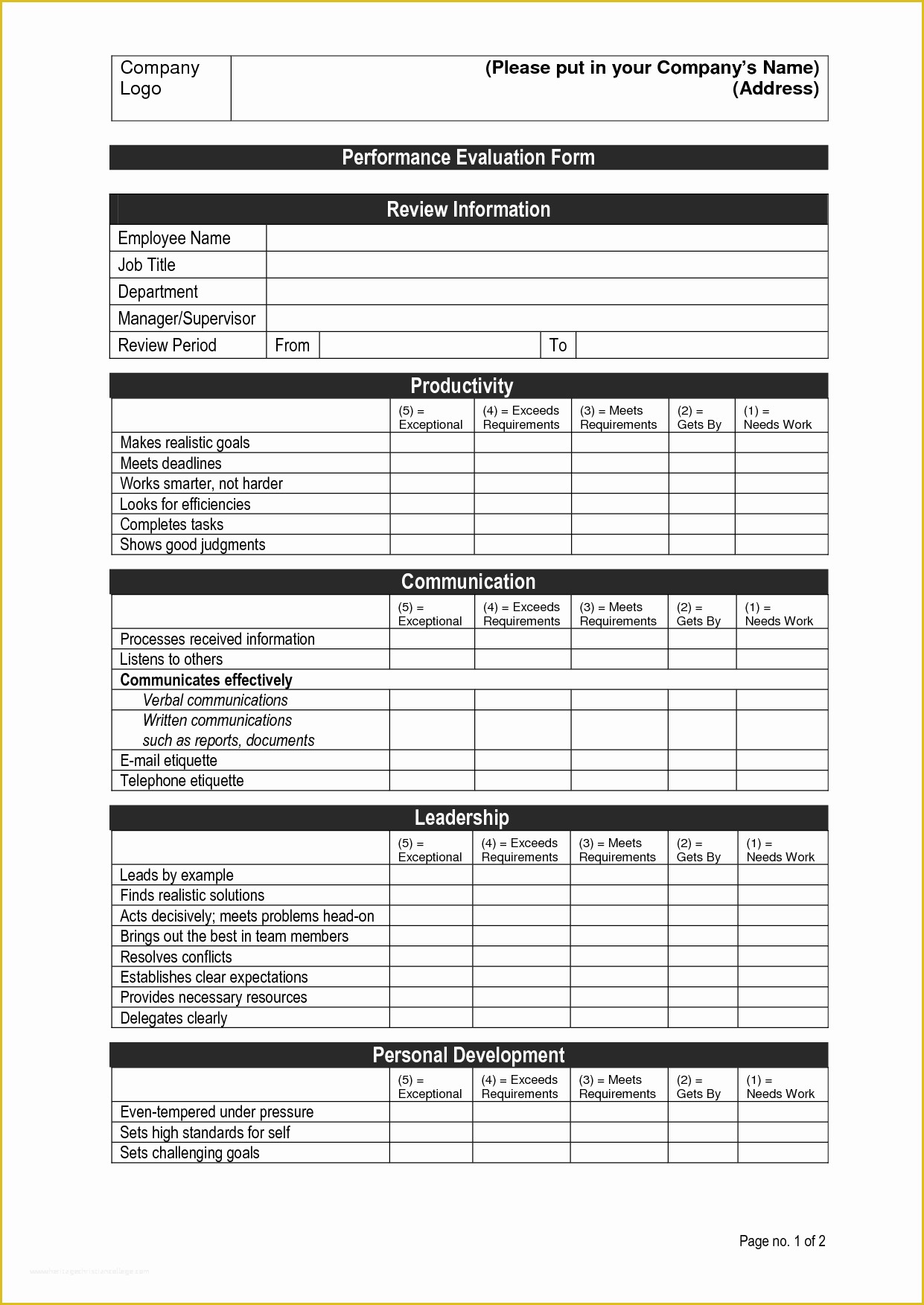 Employee Self Evaluation Template Free Of Employee Performance Review Template Doc Evaluation form