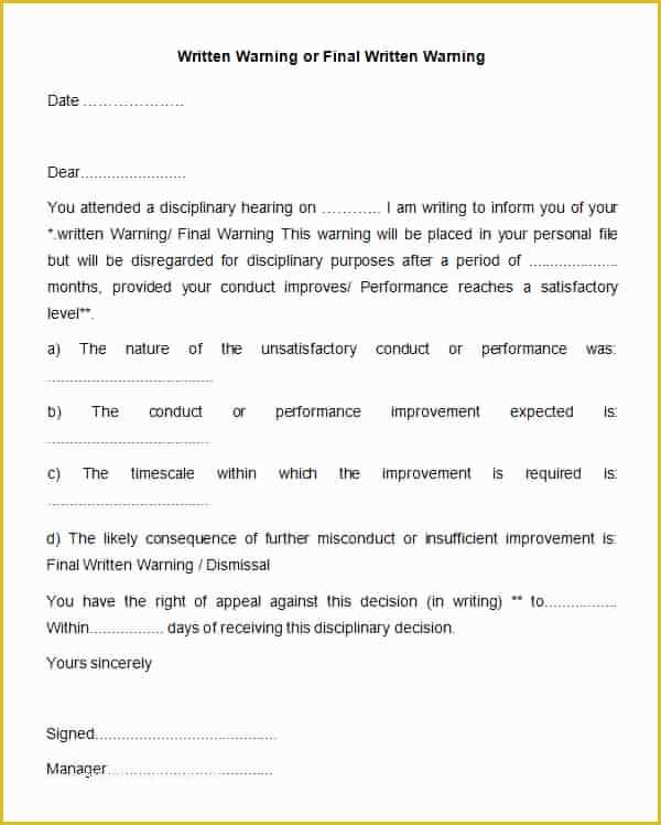 Employee Written Warning Template Free Of 30 Hr Warning Letters Pdf Doc