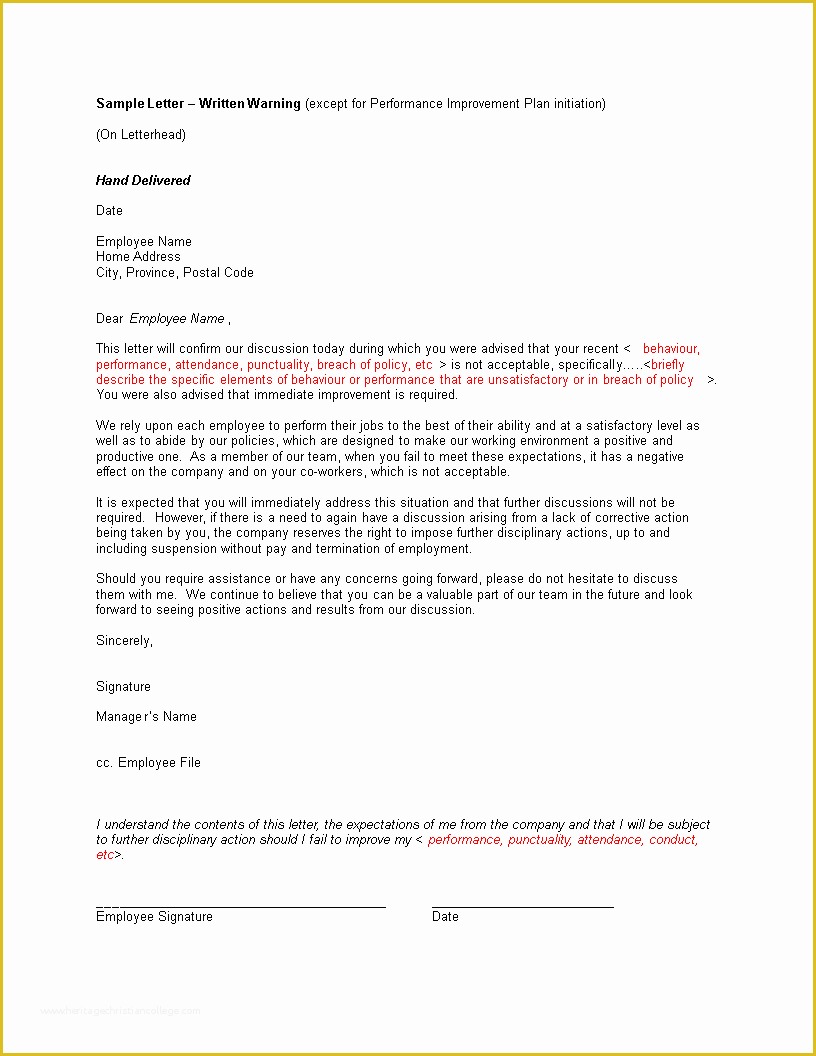 Employee Written Warning Template Free Of Free Employee Written Warning Letter