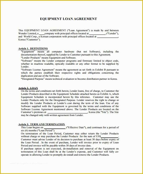 Equipment Loan Agreement Template Free Of Loan Agreement form Example 65 Free Documents In Word Pdf