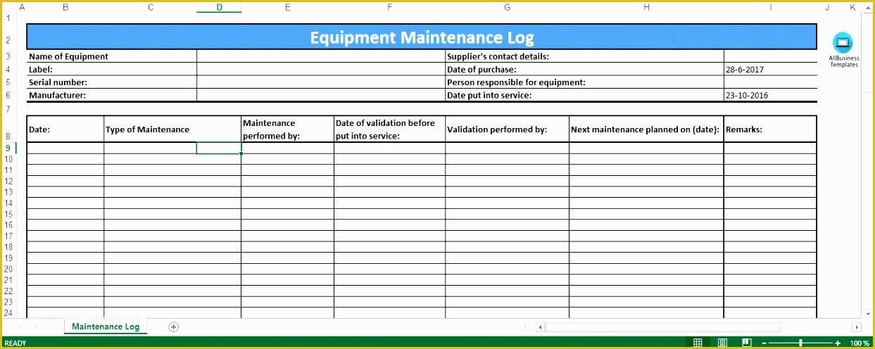 Equipment Maintenance Log Template Free Of 6 Preventive Maintenance Template Excel Exceltemplates