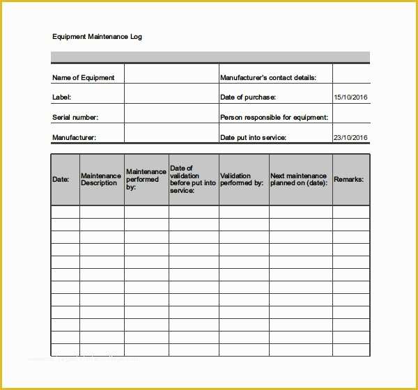 Equipment Maintenance Log Template Free Of Equipment Maintenance Schedule Template Excel