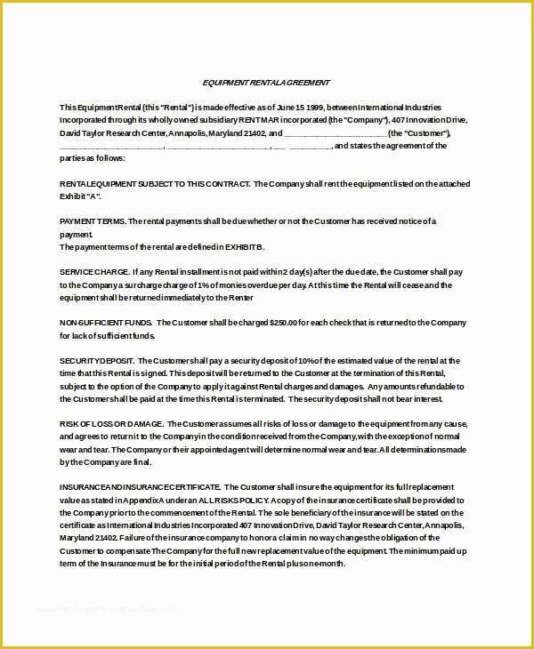 Equipment Rental Contract Template Free Of 21 Equipment Rental Agreement Templates Free Sample