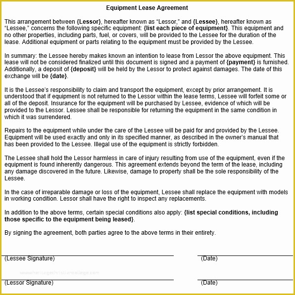 Equipment Rental Contract Template Free Of Equipment Lease Agreement Template