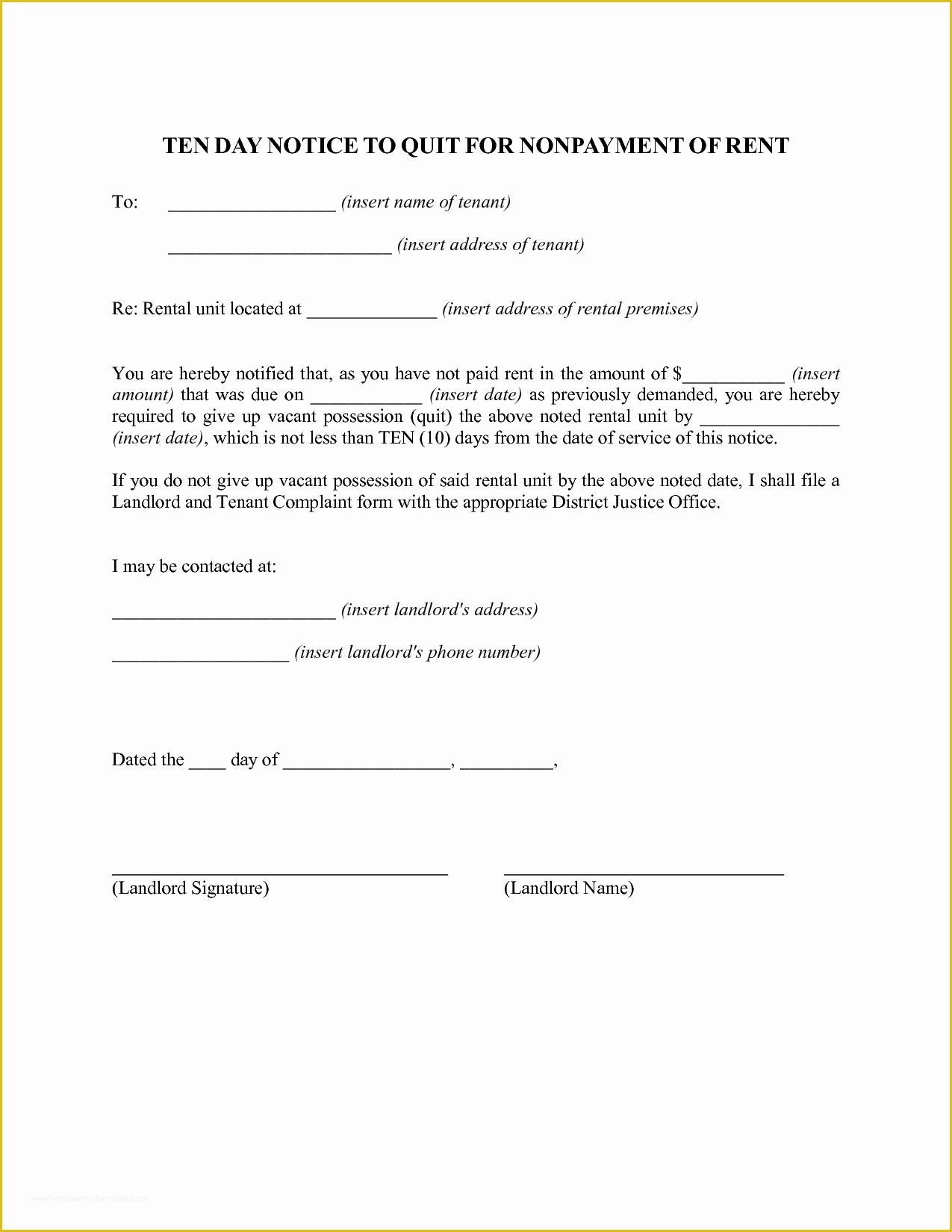 Eviction Notice Template Pennsylvania Free Of 10 Best Of 10 Day Notice Template 10 Day Eviction