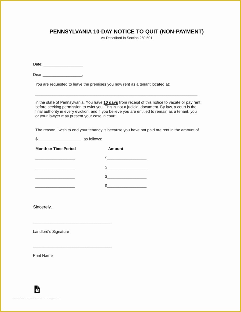 Eviction Notice Template Pennsylvania Free Of Free Pennsylvania 10 Day Notice to Quit form