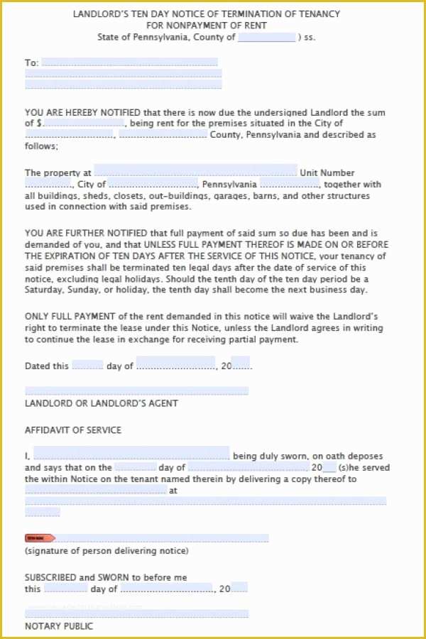 Eviction Notice Template Pennsylvania Free Of Free Pennsylvania Ten 10 Day Notice to Quit