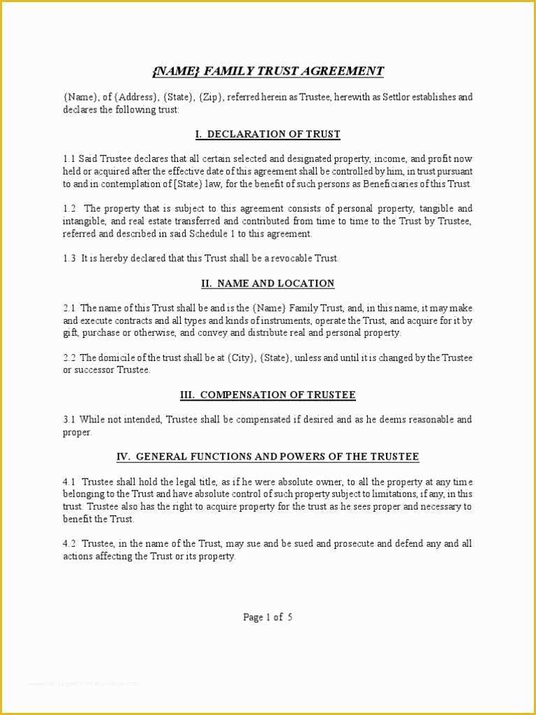 Family Trust Template Free Of Sample Family Trust Agreement Trust Law