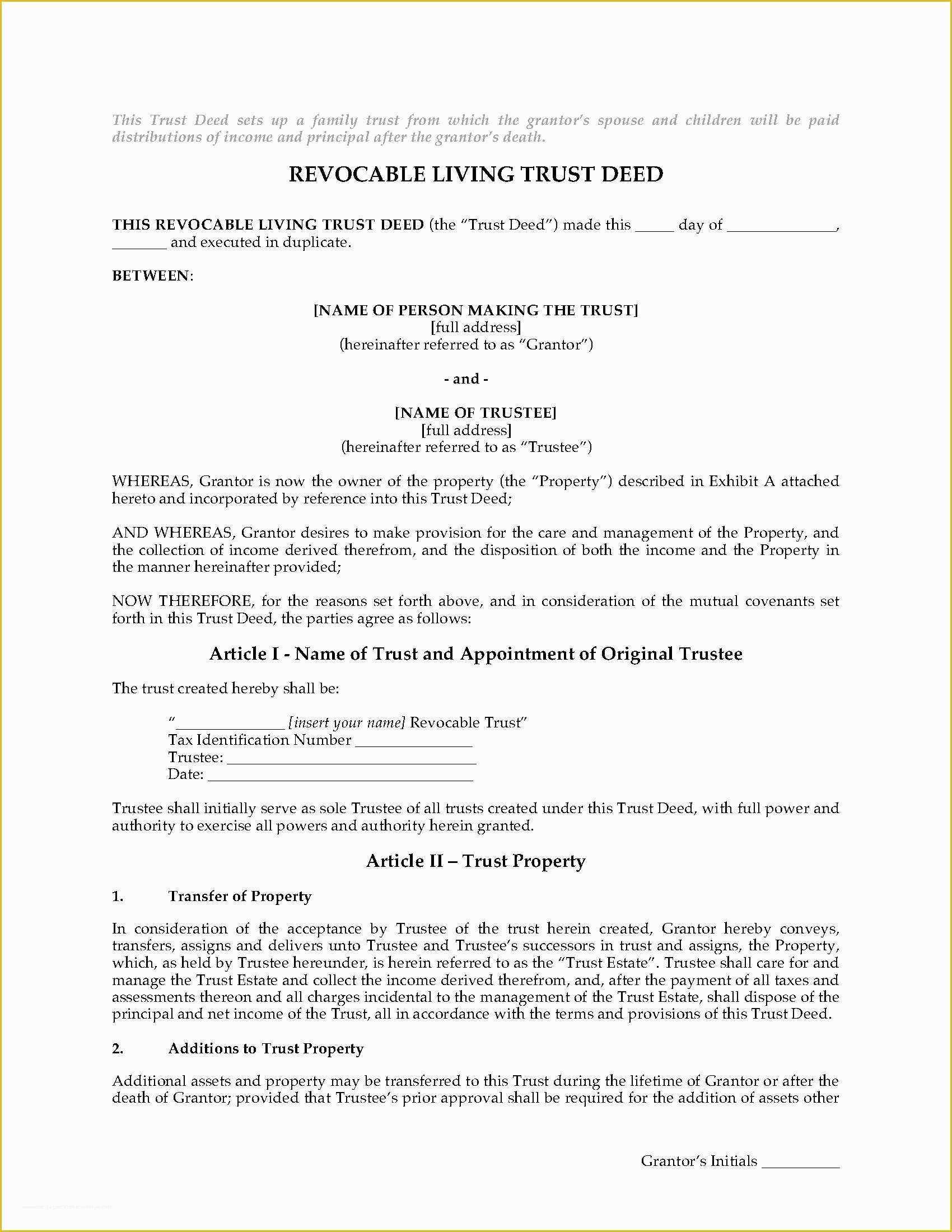Family Trust Template Free Of Usa Revocable Living Trust Deed for Family Trust