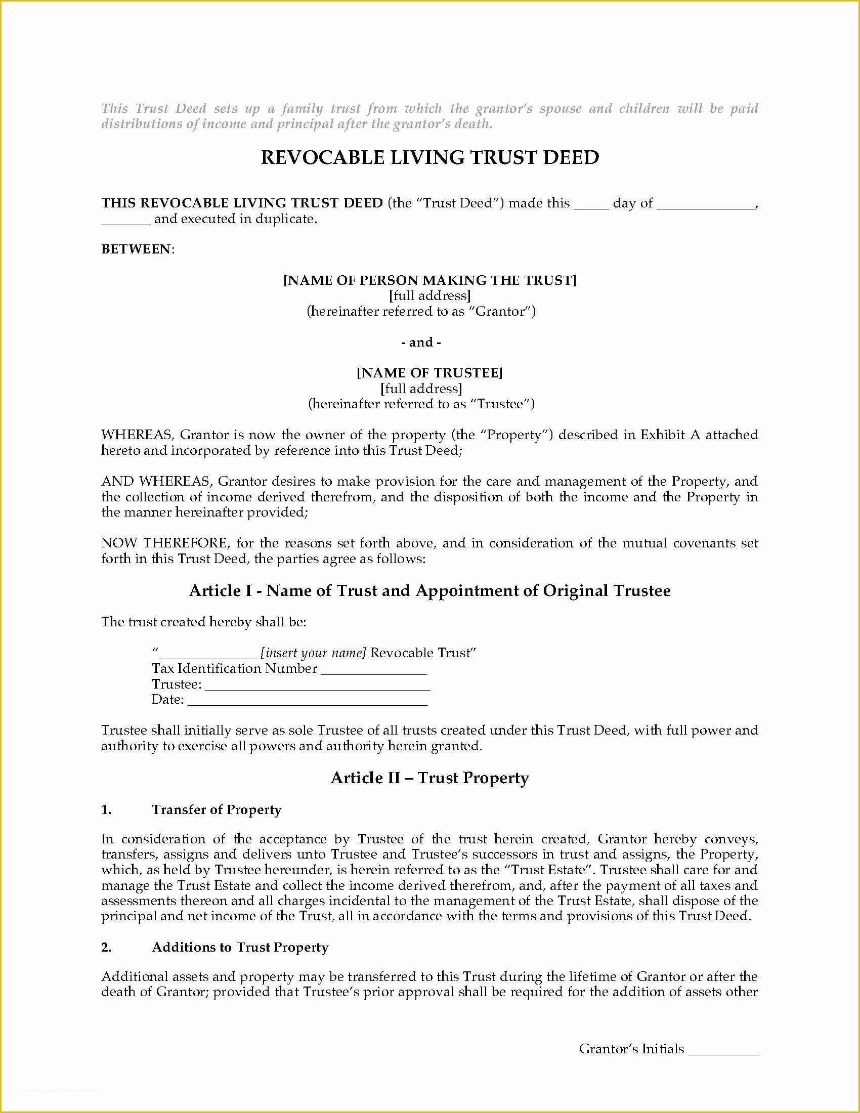 Family Trust Template Free Of Usa Revocable Living Trust Deed for Family Trust