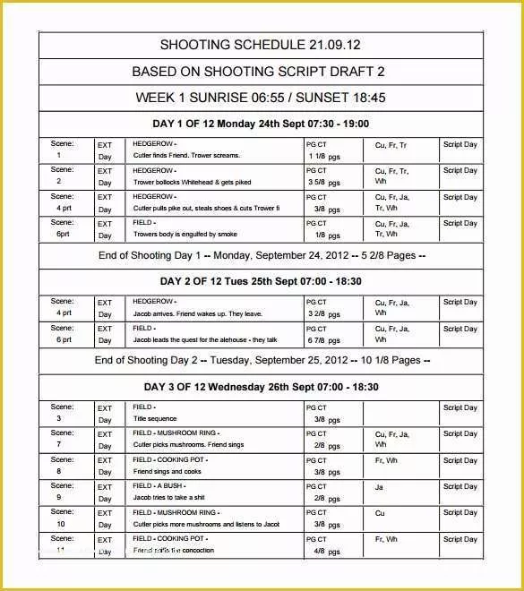 Film Schedule Template Free Of 11 Shooting Schedule Templates Pdf Doc