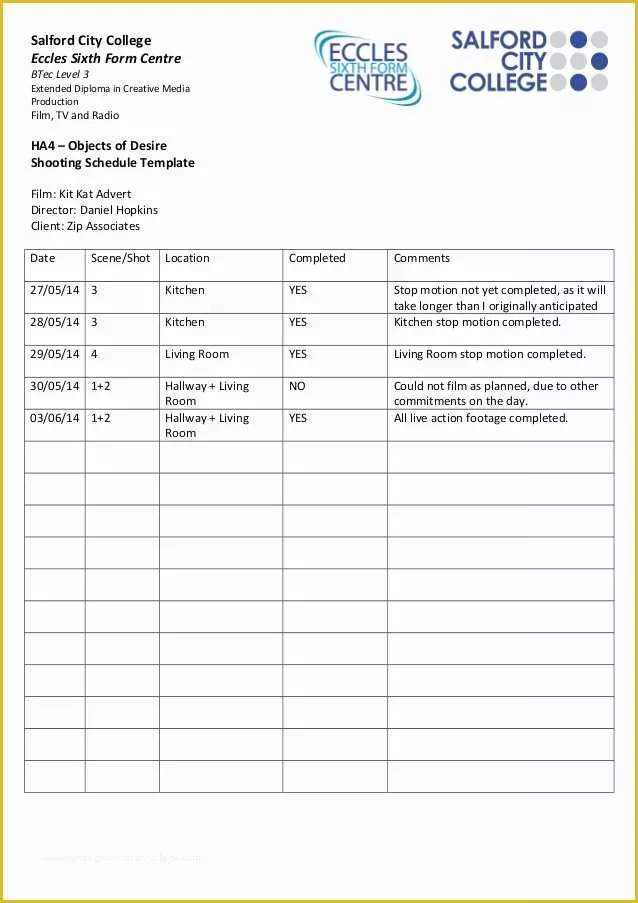 Film Schedule Template Free Of Shooting Schedule Template