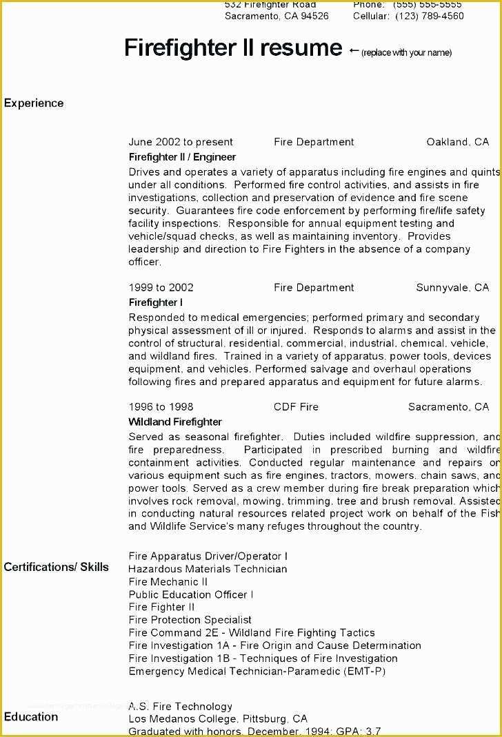 Firefighter Resume Templates Free Of Emt Resume Template Firefighter Resume Template Free