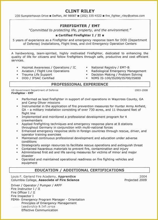 Firefighter Resume Templates Free Of Firefighter Resume Example