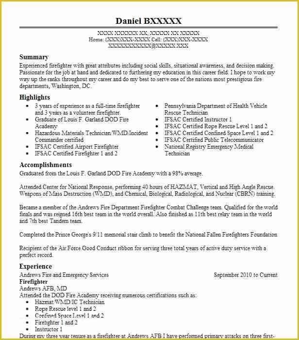 Firefighter Resume Templates Free Of Firefighter Resume Template