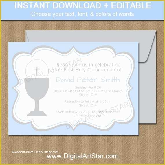 First Communion Card Templates Free Of Blue & Gray First Munion Invitation Template Printable