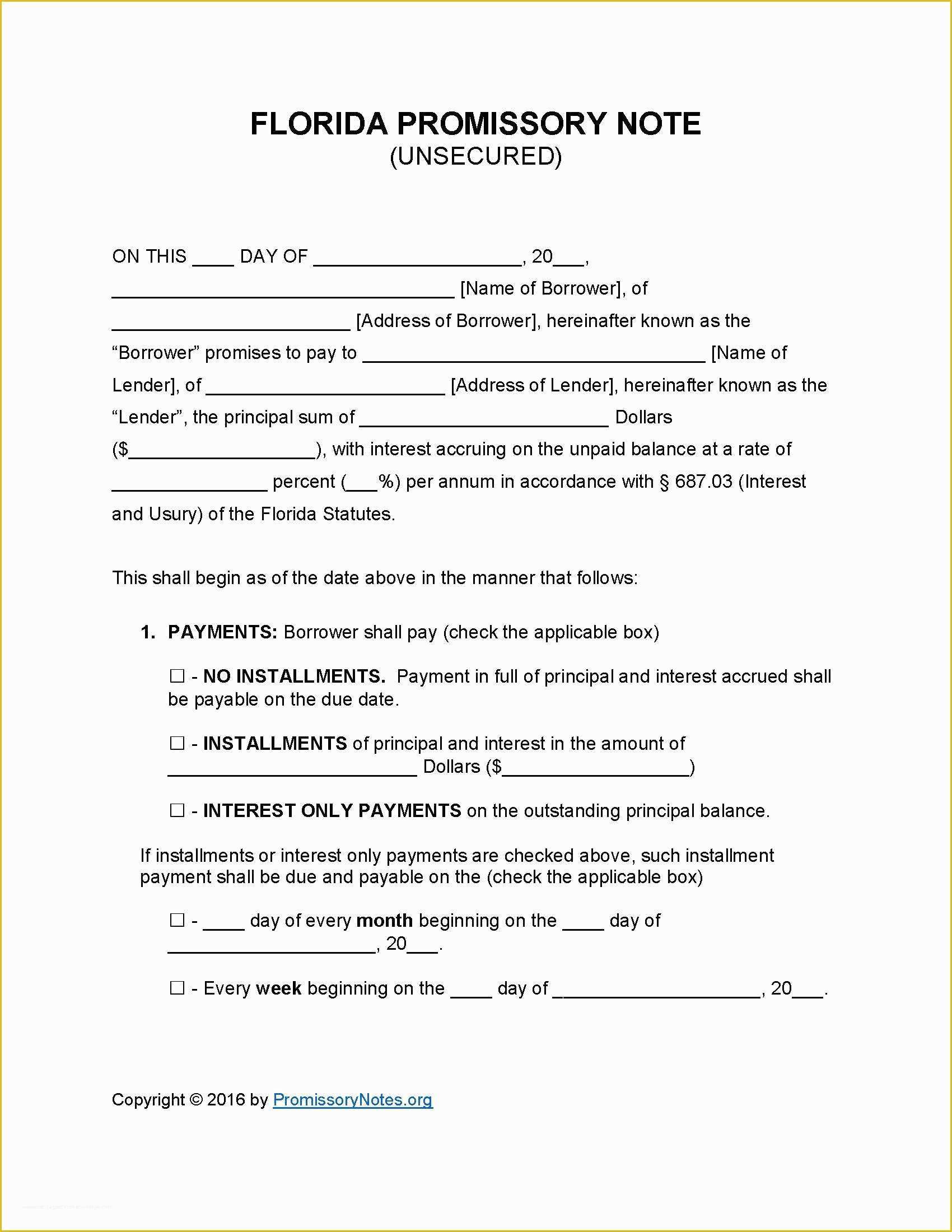 Florida Promissory Note Template Free Of Florida Unsecured Promissory Note Template Promissory