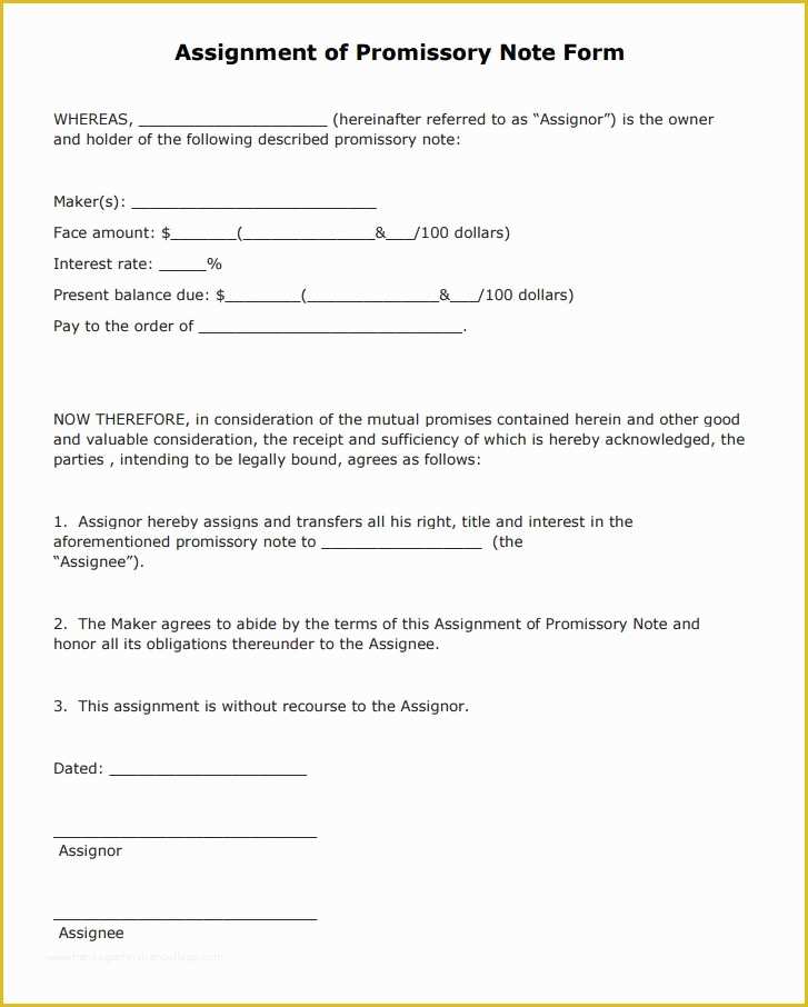 Florida Promissory Note Template Free Of Free assignment Of Promissory Note form