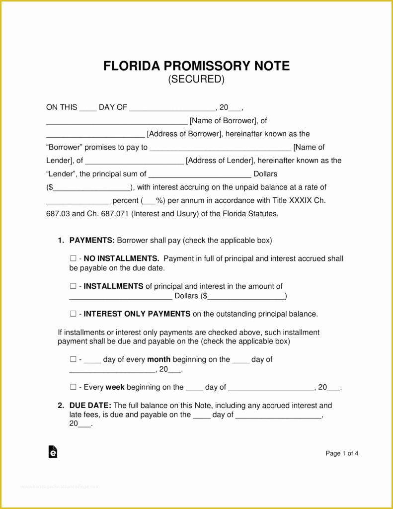 Florida Promissory Note Template Free Of Free Florida Secured Promissory Note Template Word