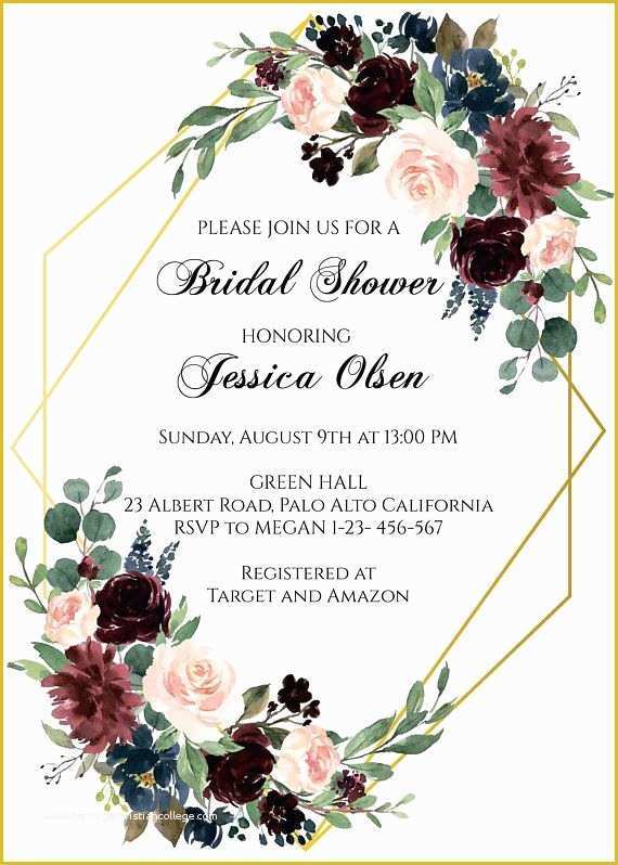 Flower Invitations Templates Free Of Burgundy and Navy Blue Bridal Shower Invitation Template