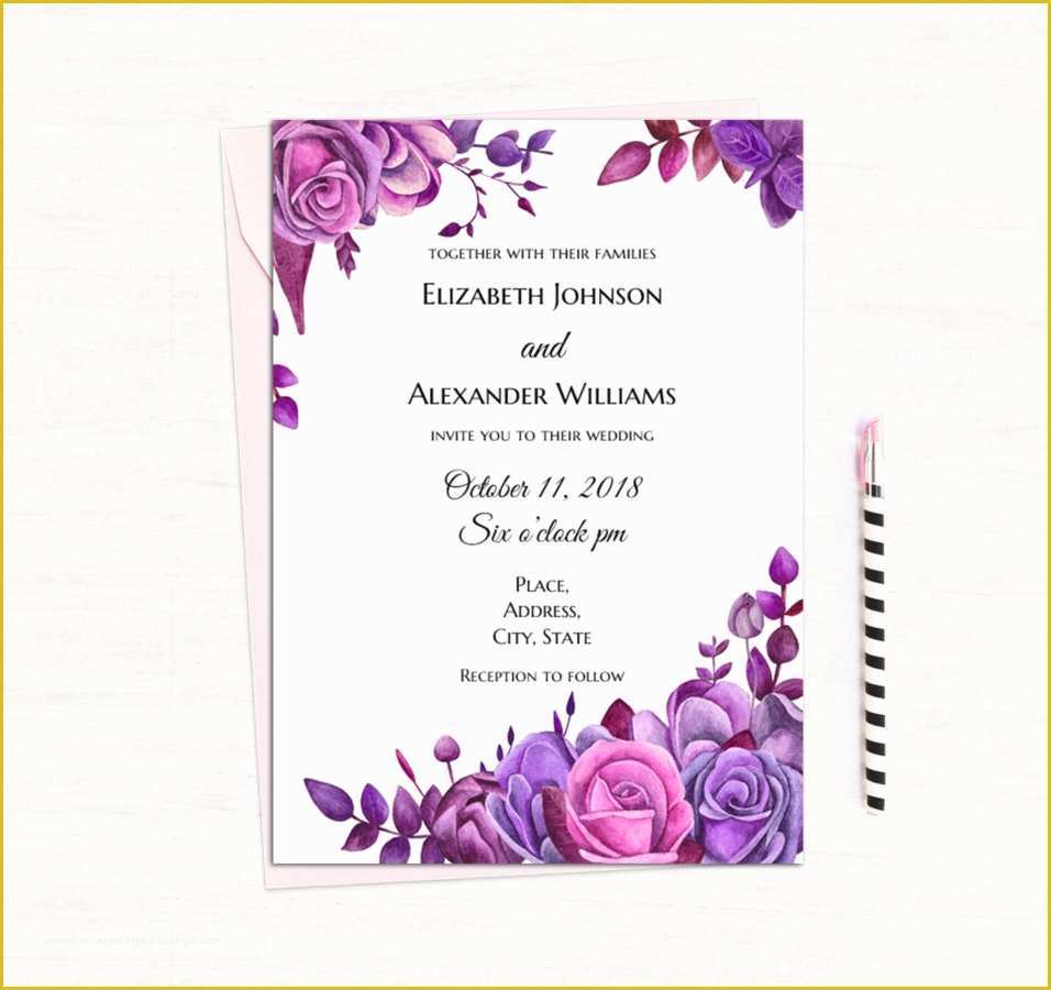 Flower Invitations Templates Free Of Purple Roses Invitation Template Floral Wedding Invitation