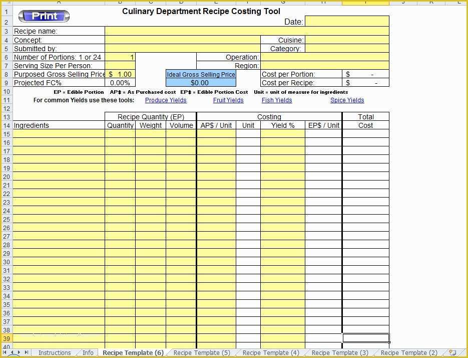 Food Costing Template Free Download Of Excel Recipe Template for Chefs Chefs Resources