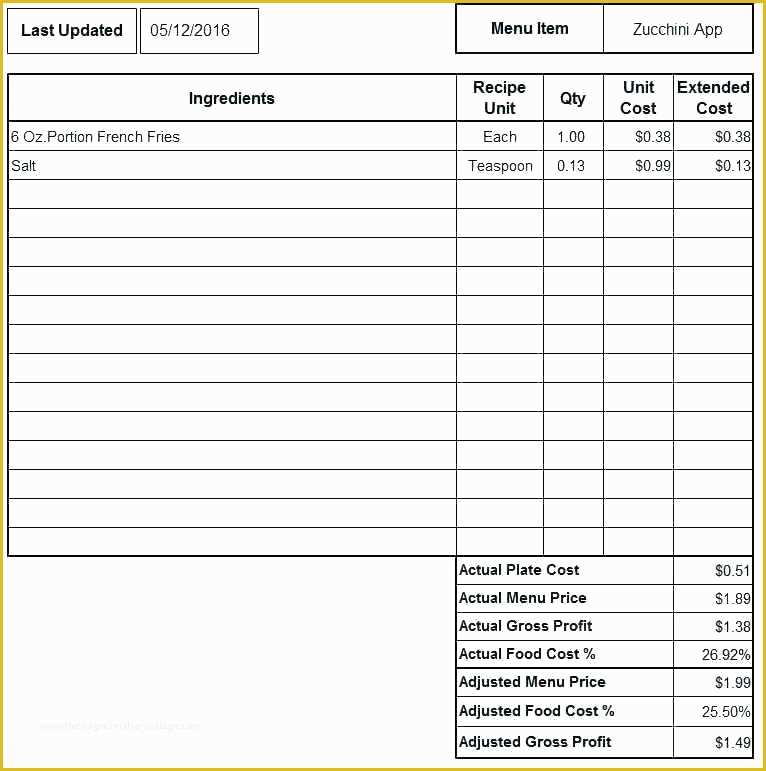 Food Costing Template Free Download Of Recipe Spreadsheet Template Excel Food Cost Template