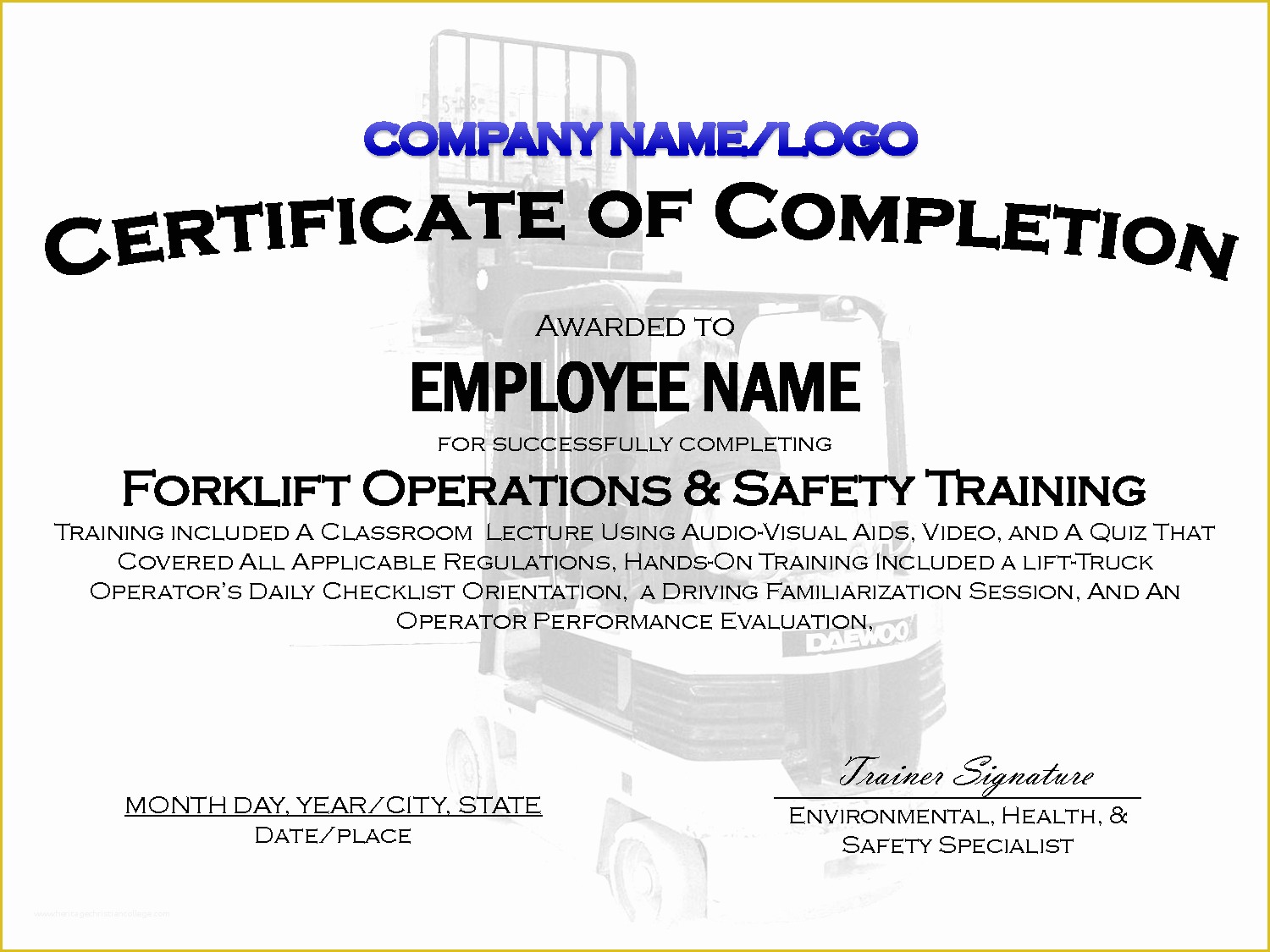 Forklift Certification Card Template Free Of 9 Best Of Printable Safety Certificates Safety