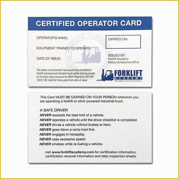 Forklift Certification Card Template Free Of forklift Training Cards