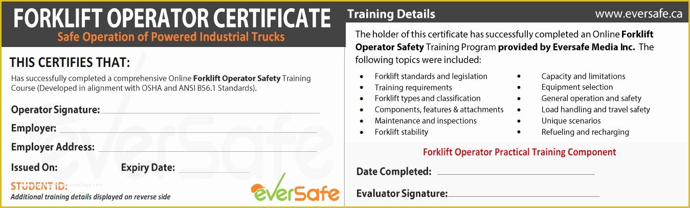 Forklift Certification Card Template Free Of Line Lift Truck Certification Training Csa B335 15
