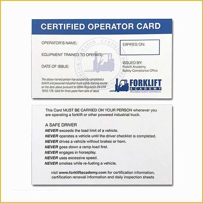 Forklift Certification Wallet Card Template Free Of forklift Operator