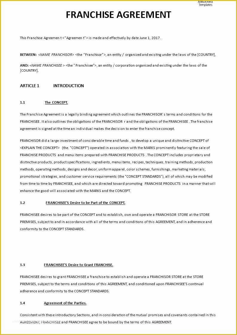 Franchise Agreement Template Free Download Of Professional Franchise Agreement