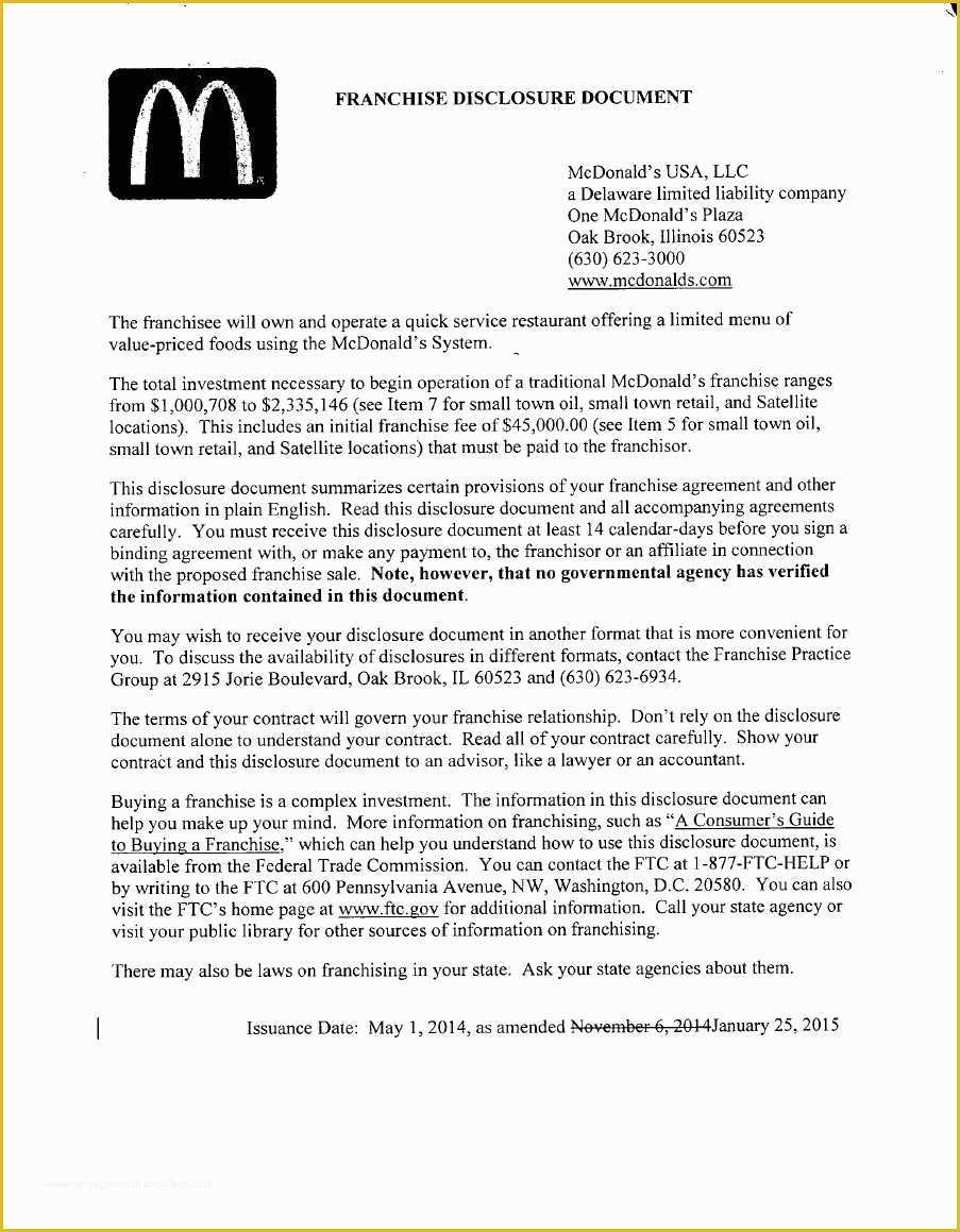 Franchise Disclosure Document Template Free Of Mcdonald S Franchise Disclosure Document Fdd Pdf