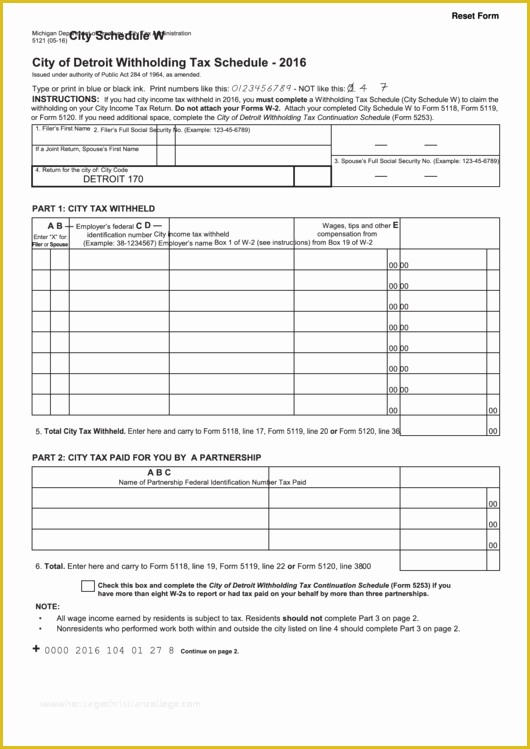 Free 2016 W2 Template Of Fillable form 5121 City Detroit withholding Tax