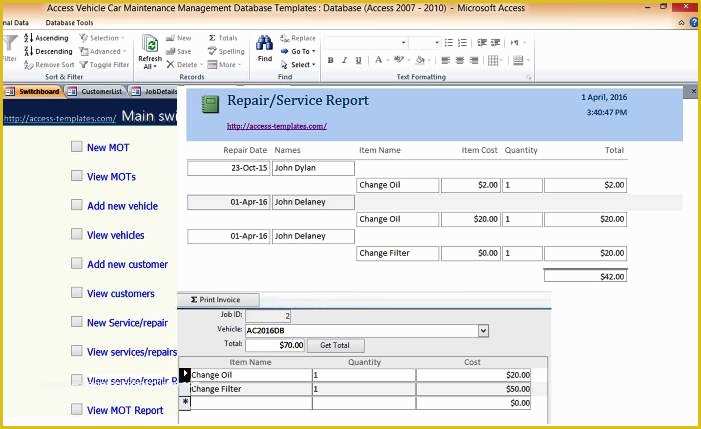 Free Access Database Templates Of Car and Vehicle Maintenance Access Database Management