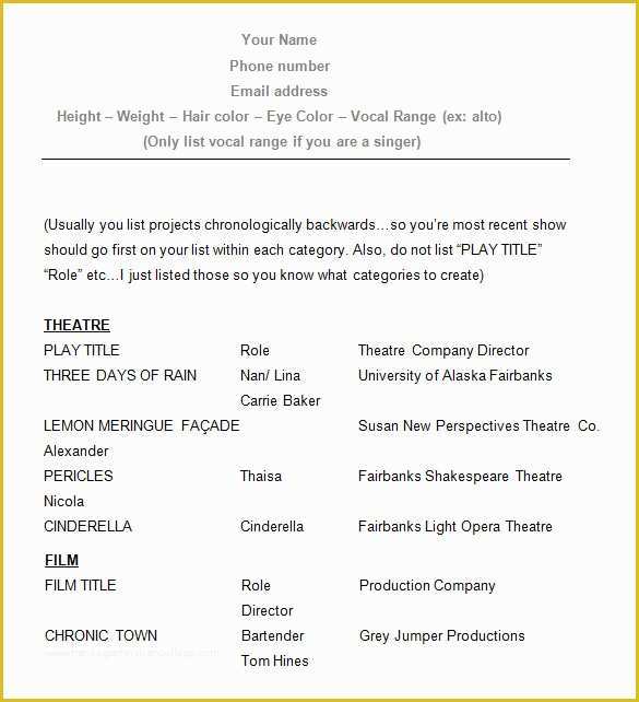 Free Acting Resume Template Of 11 Acting Resume Templates Free Samples Examples