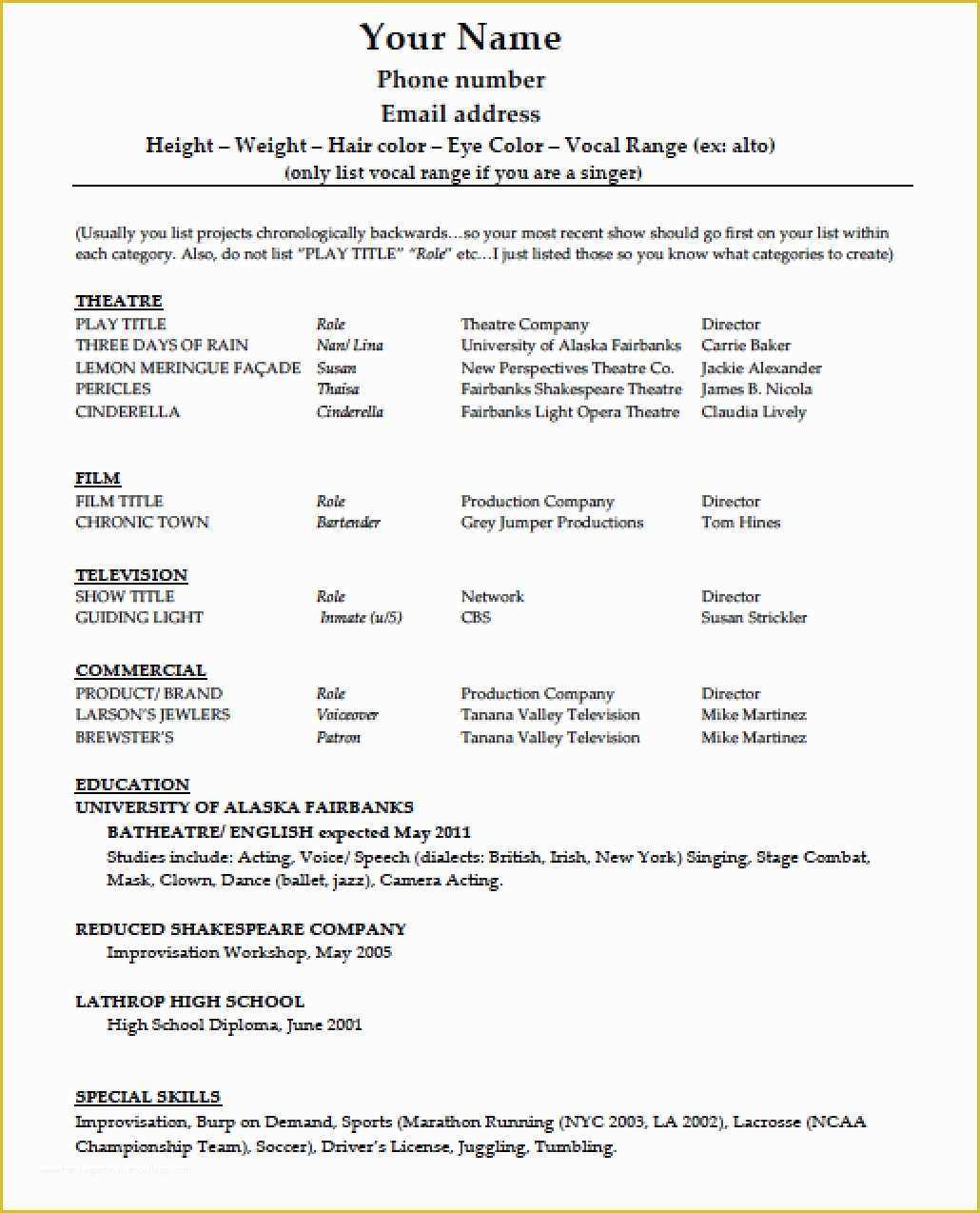 Free Acting Resume Template Of Download Acting Résumé Template Pdf