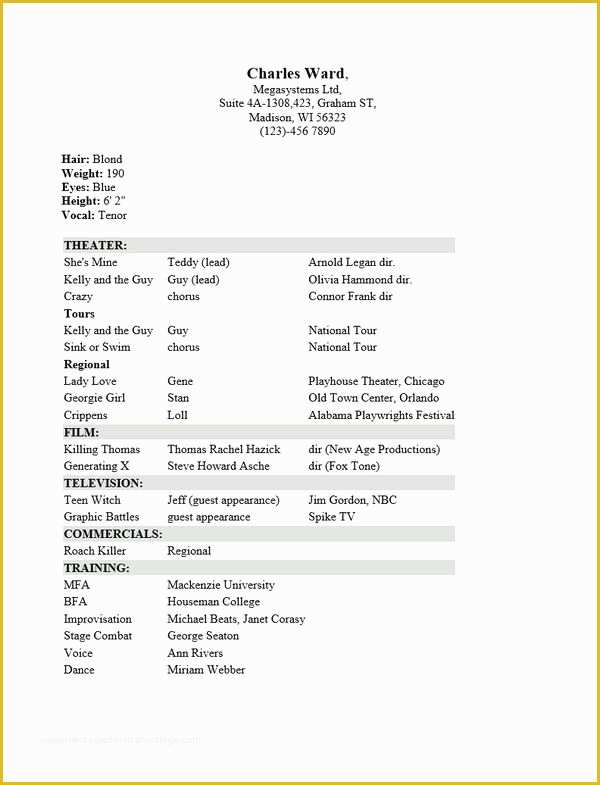 Free Acting Resume Template Of Free Actor Resume Template Best Resume Collection
