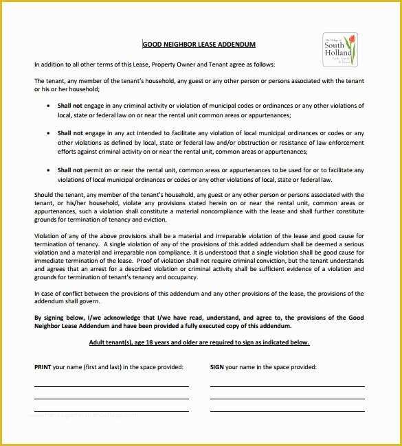 Free Addendum Sticker Template Of Sample Lease Addendum form 14 Download Free Documents