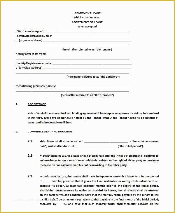 Free Apartment Lease Agreement Template Of 15 Rental Lease Agreement – Free Sample Example format