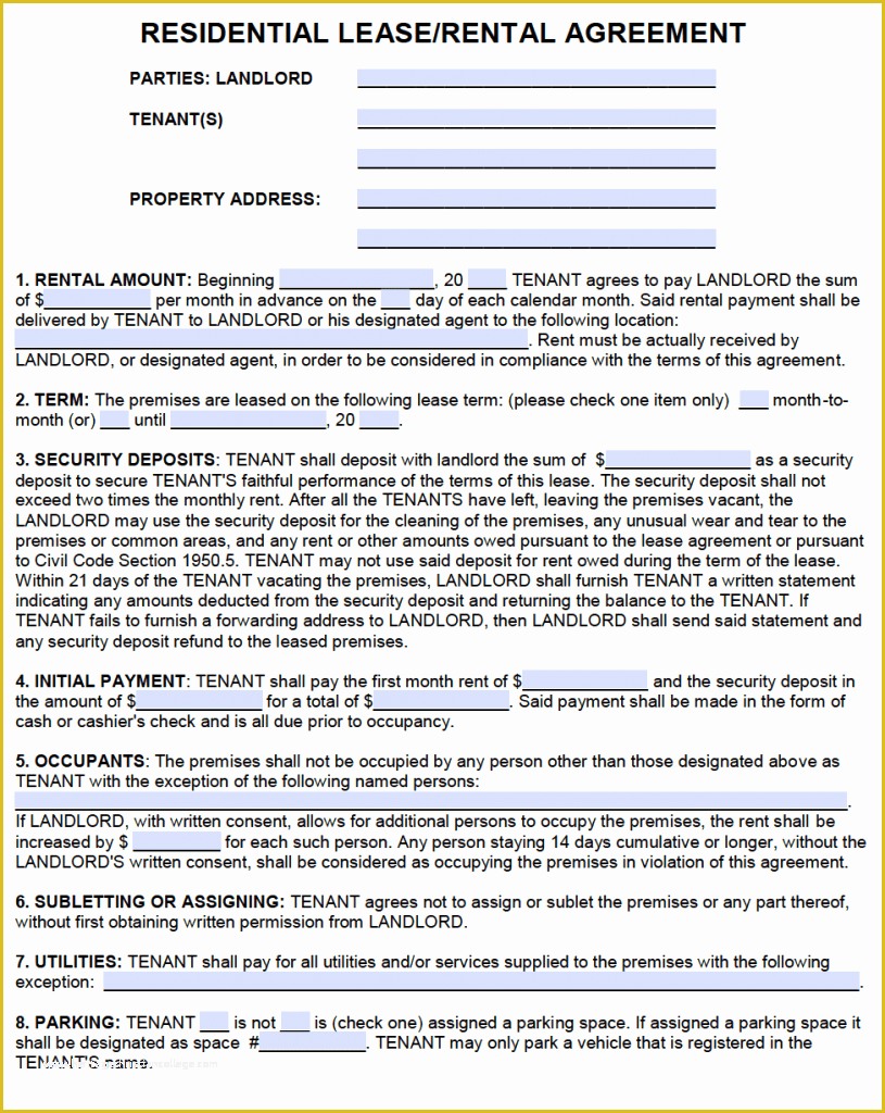 Free Apartment Lease Agreement Template Word Of Free California Standard Residential Lease Agreement