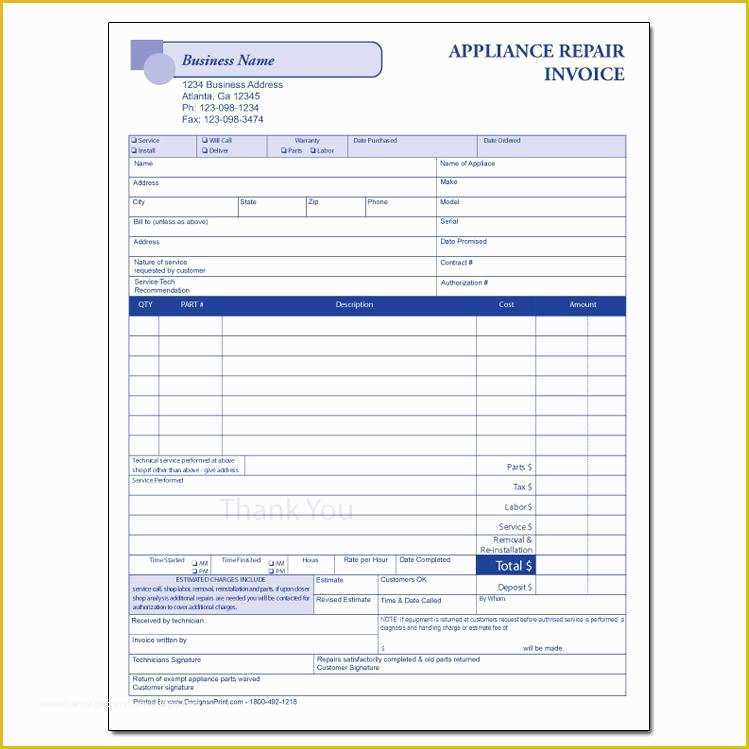 Free Appliance Repair Invoice Template Of Appliance Repair form