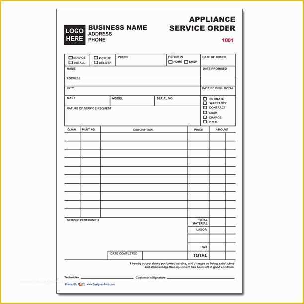 Free Appliance Repair Invoice Template Of Business forms Custom Printing