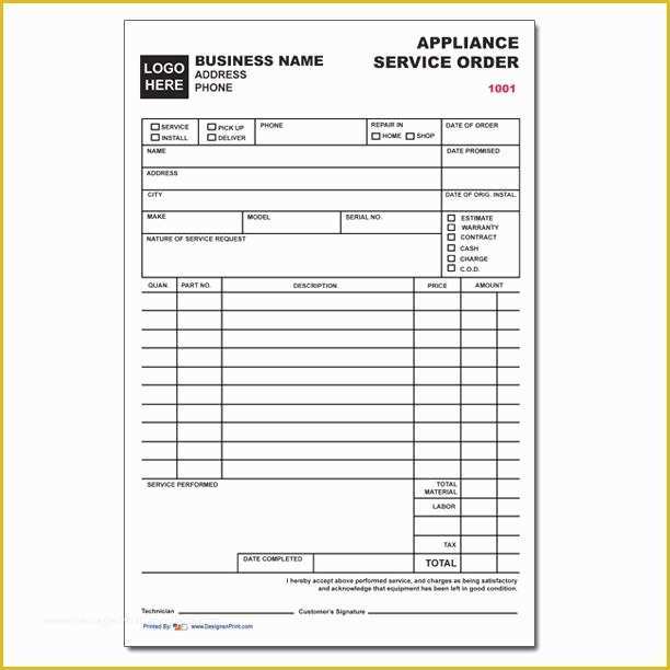 Free Appliance Repair Invoice Template Of Business forms Custom Printing