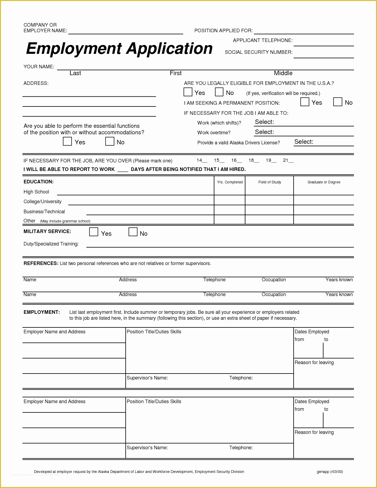 Free Application Template Of Printable Job Application Templates