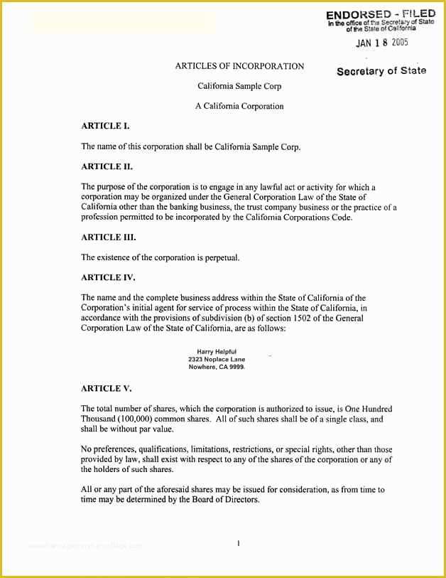 Free Articles Of organization Template Of Articles Of Incorporation for A California Corporation