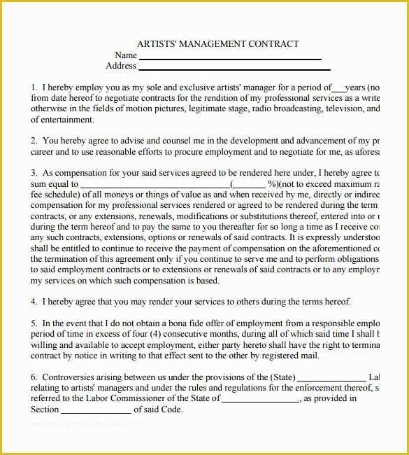 Free Artist Management Contract Template Of 5 Artist Management Contract Templates – Free Pdf Word