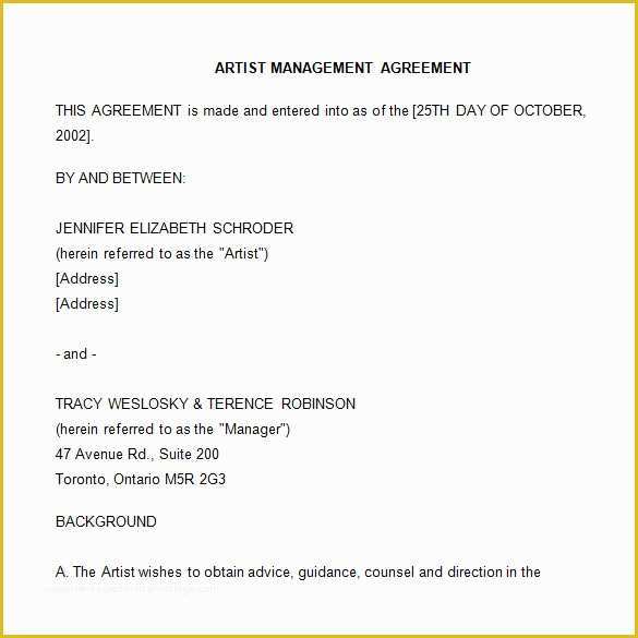 Free Artist Management Contract Template Of 5 Artist Management Contract Templates Word Docs Pdf